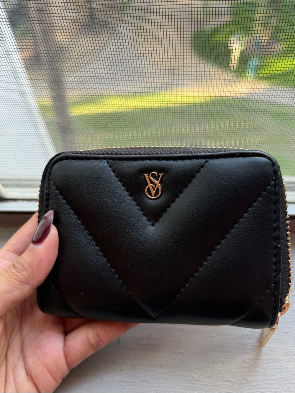 Victoria’s Secret Black V-Quilt Zip Around Wallet Gold Hardware